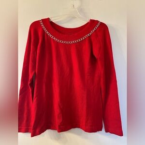 Red Chain-Embellished Crew Neck Sweater